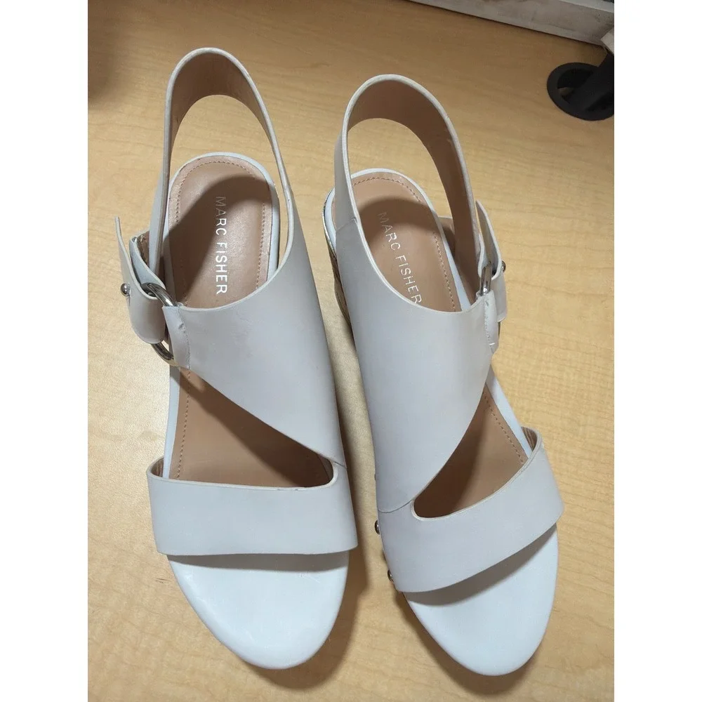 Marc Fisher White Leather Cork Platform Wedge Sandals Silver Studs Womens 7.5M